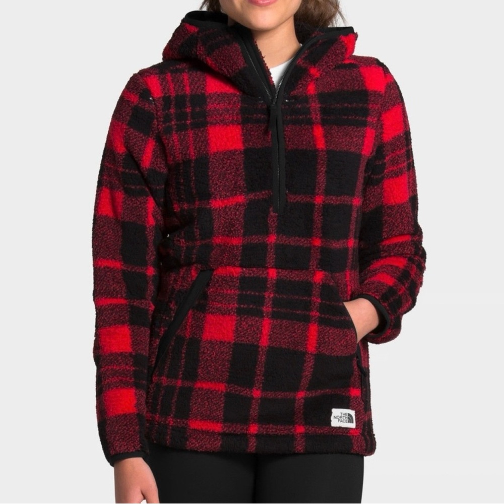 The North Face Campshire Hoodie Red & Black Buffalo Plaid Fleece Jacket Med EUC
